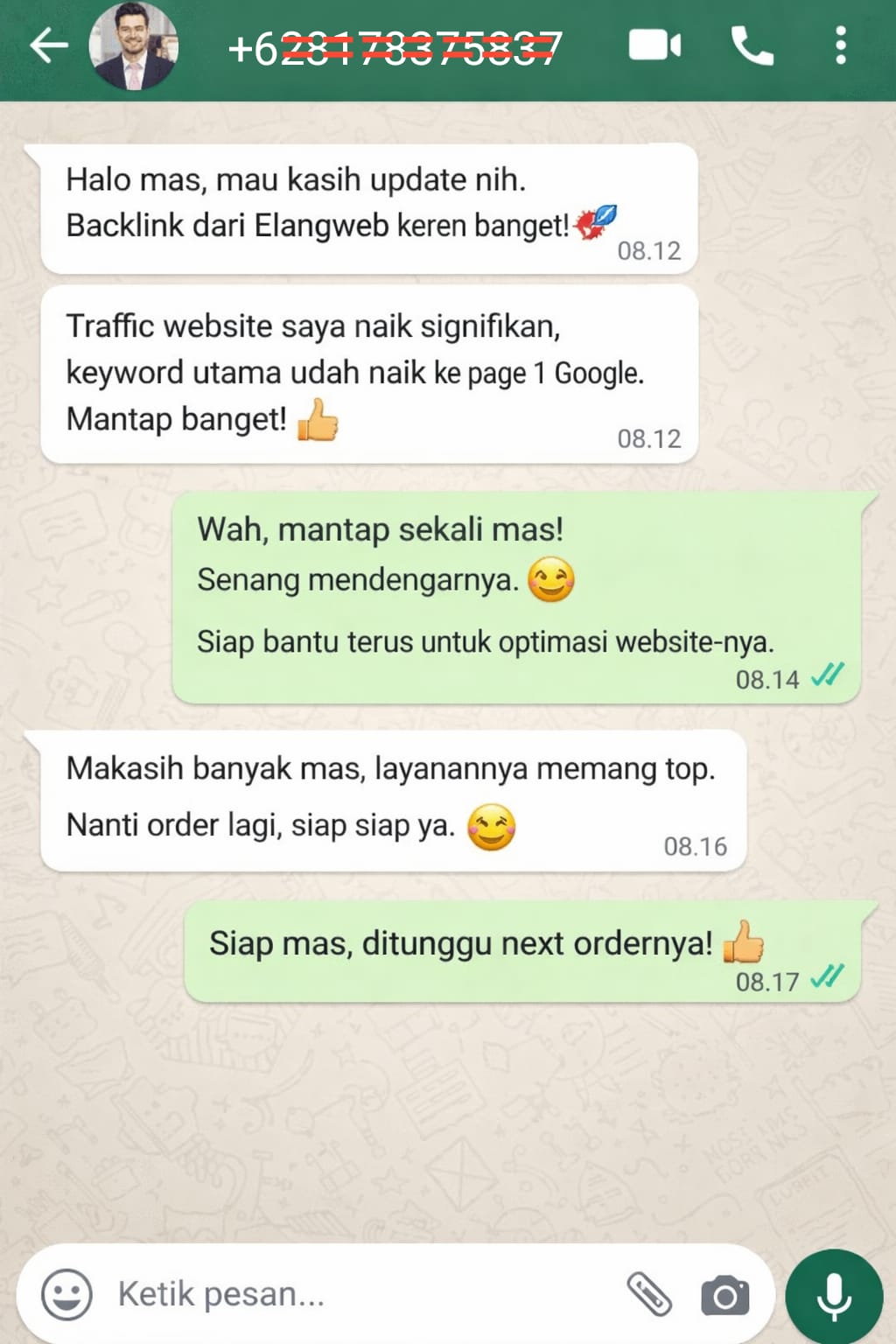 Testimoni klien jasa backlink PBN Elangweb 1